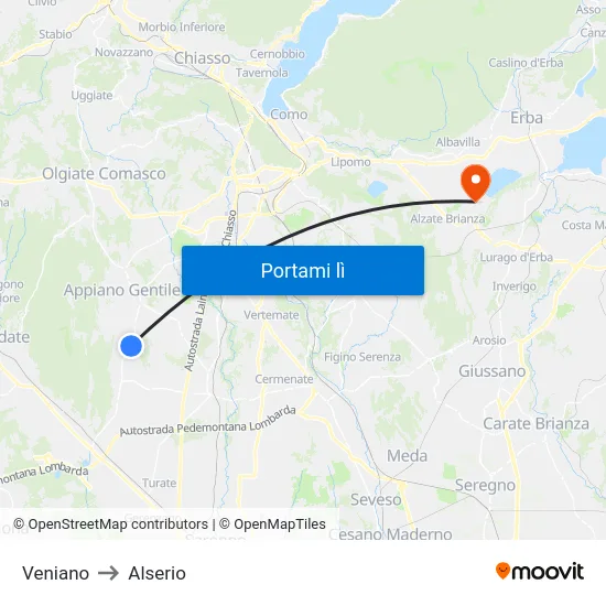 Veniano to Alserio map