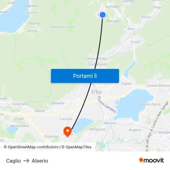 Caglio to Alserio map