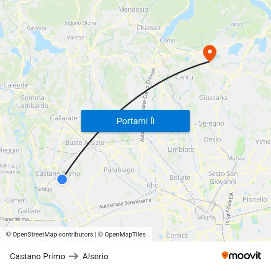 Castano Primo to Alserio map