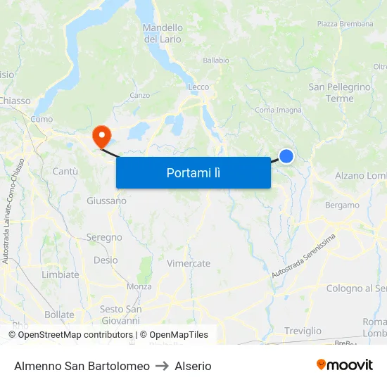 Almenno San Bartolomeo to Alserio map