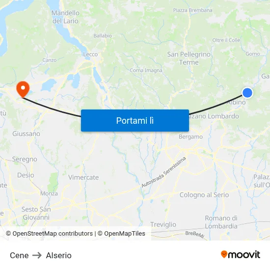 Cene to Alserio map