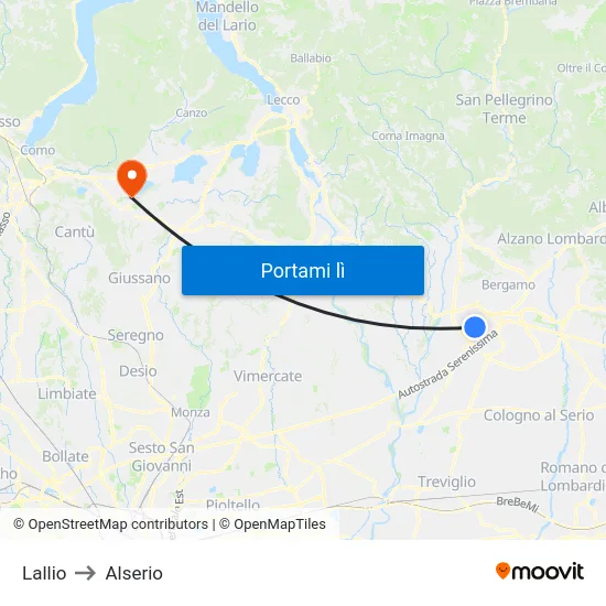 Lallio to Alserio map