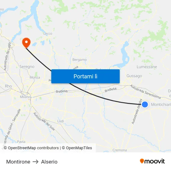 Montirone to Alserio map