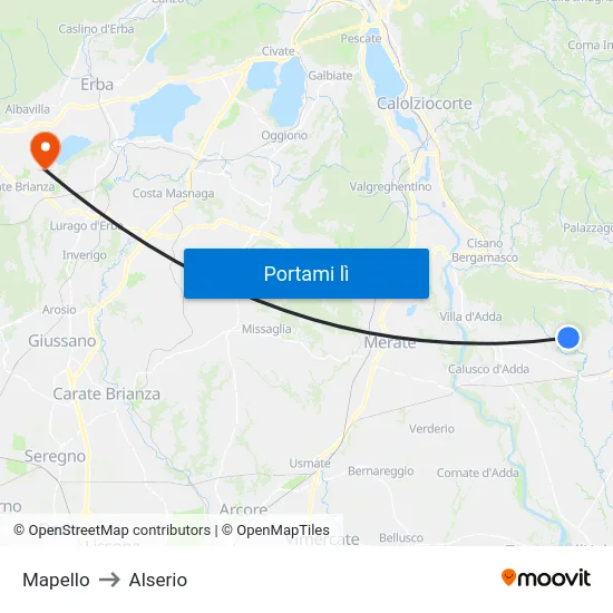 Mapello to Alserio map