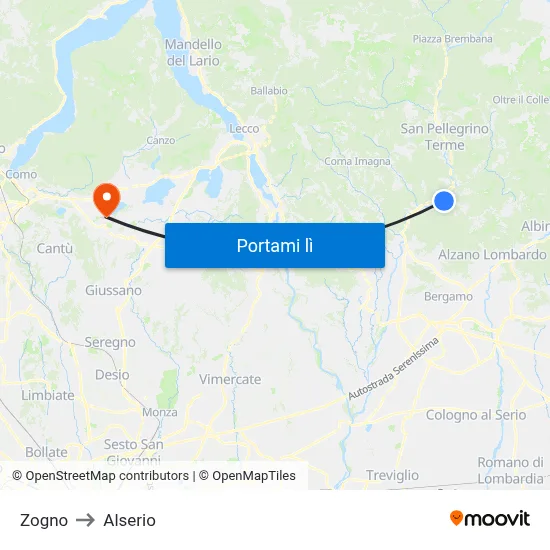 Zogno to Alserio map