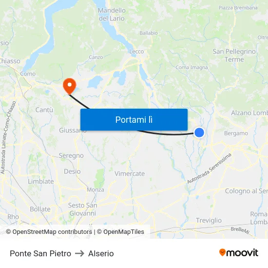 Ponte San Pietro to Alserio map