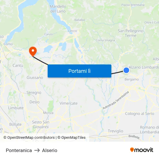 Ponteranica to Alserio map