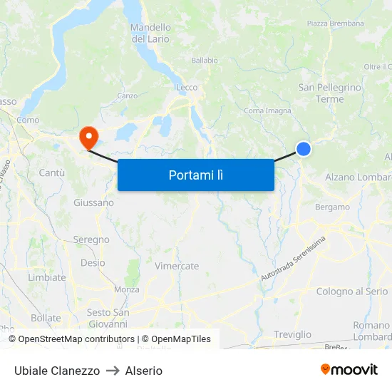 Ubiale Clanezzo to Alserio map