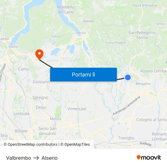 Valbrembo to Alserio map