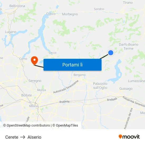 Cerete to Alserio map