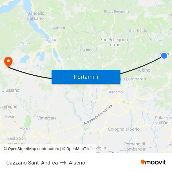 Cazzano Sant' Andrea to Alserio map