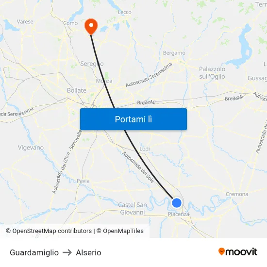 Guardamiglio to Alserio map
