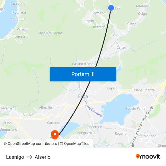 Lasnigo to Alserio map