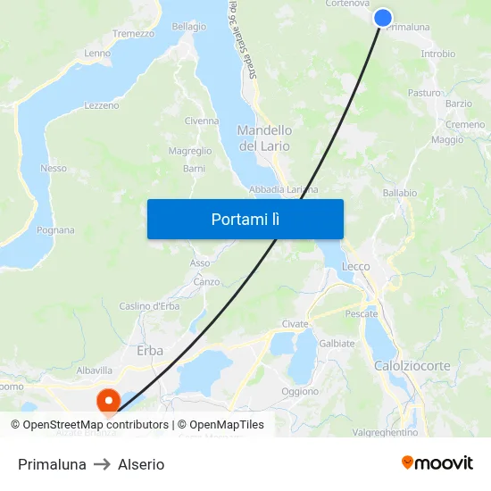 Primaluna to Alserio map