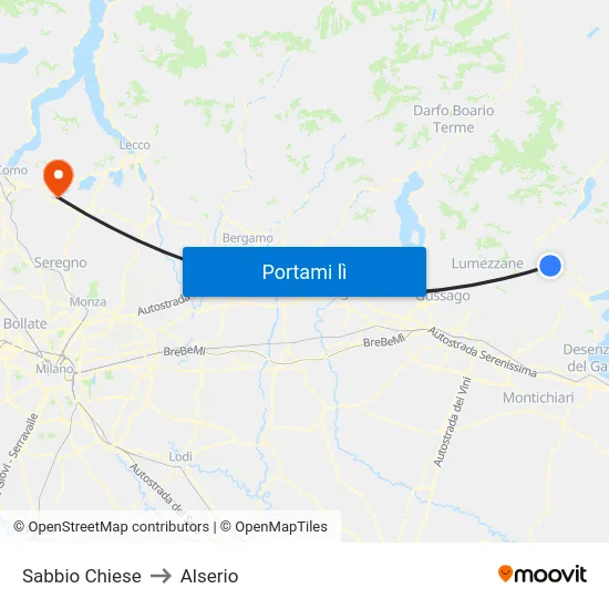 Sabbio Chiese to Alserio map