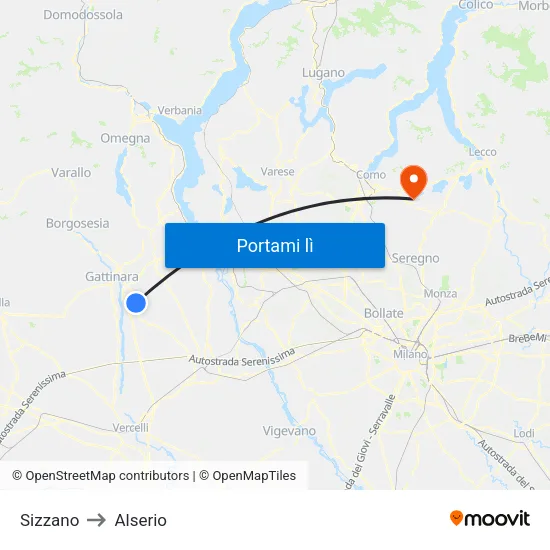 Sizzano to Alserio map