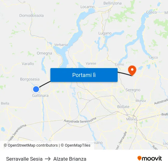 Serravalle Sesia to Alzate Brianza map