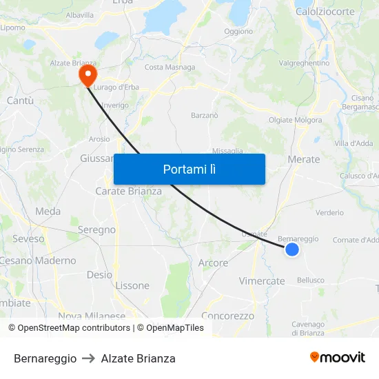 Bernareggio to Alzate Brianza map
