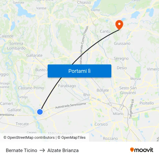 Bernate Ticino to Alzate Brianza map