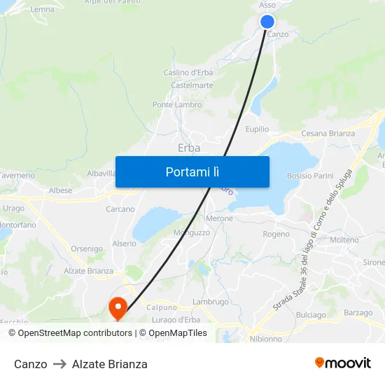 Canzo to Alzate Brianza map