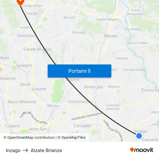 Inzago to Alzate Brianza map
