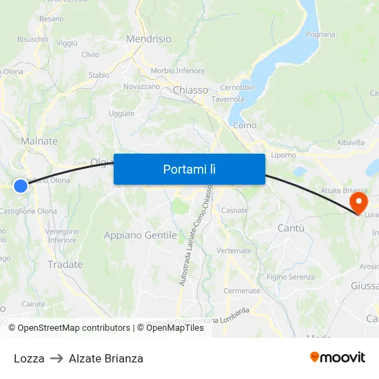 Lozza to Alzate Brianza map