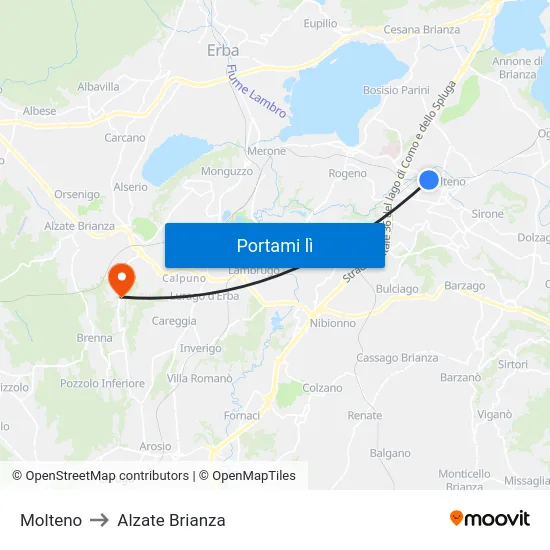 Molteno to Alzate Brianza map