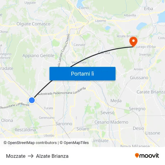 Mozzate to Alzate Brianza map
