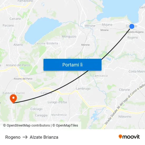 Rogeno to Alzate Brianza map