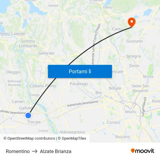 Romentino to Alzate Brianza map