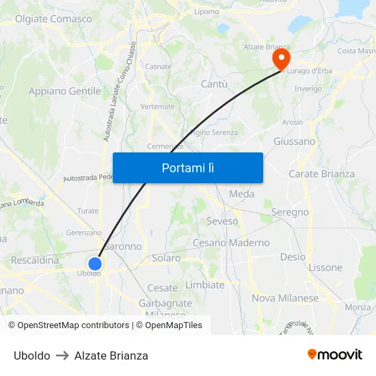 Uboldo to Alzate Brianza map