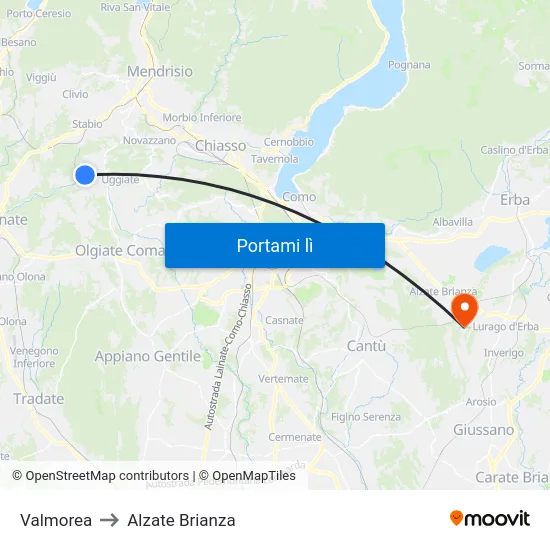 Valmorea to Alzate Brianza map