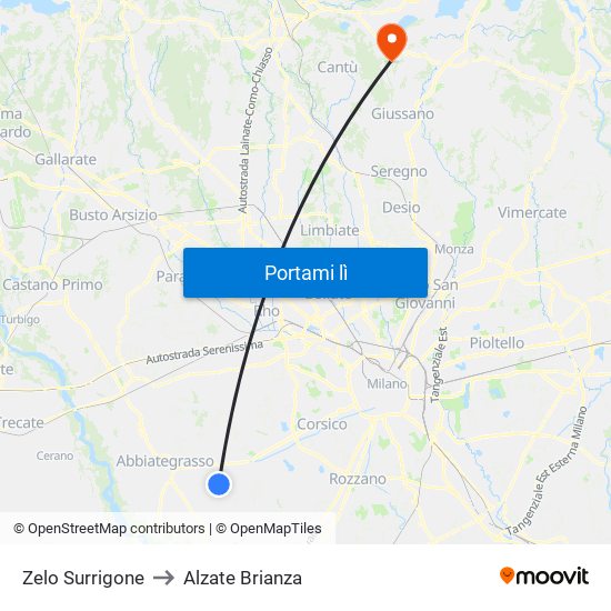 Zelo Surrigone to Alzate Brianza map