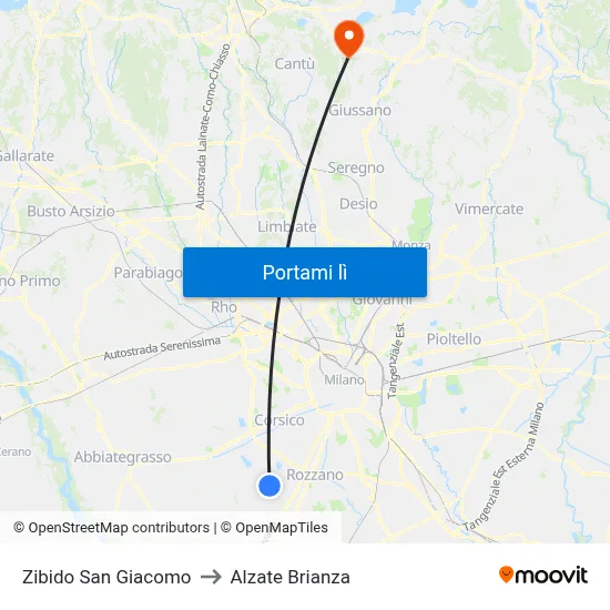 Zibido San Giacomo to Alzate Brianza map