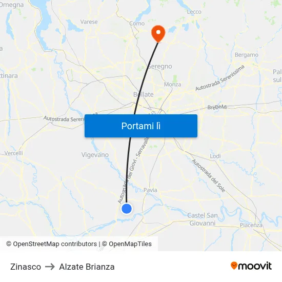 Zinasco to Alzate Brianza map