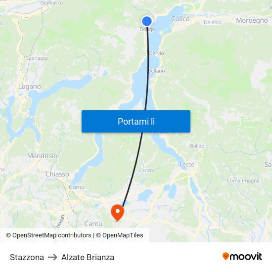 Stazzona to Alzate Brianza map