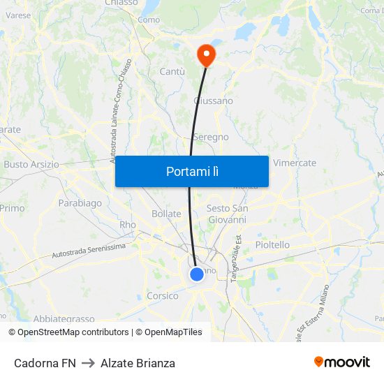 Cadorna FN to Alzate Brianza map