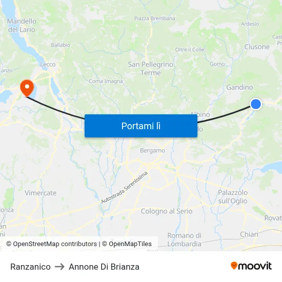 Ranzanico to Annone Di Brianza map