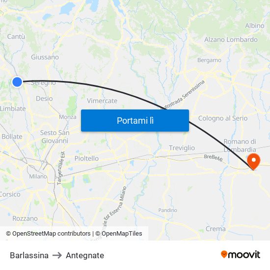 Barlassina to Antegnate map