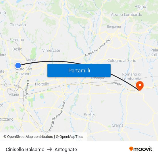 Cinisello Balsamo to Antegnate map
