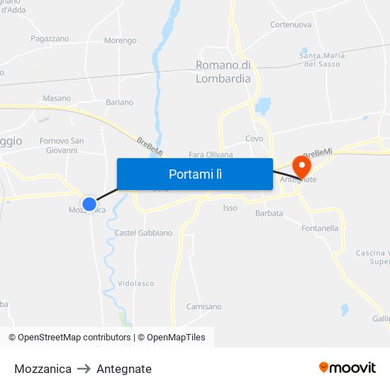 Mozzanica to Antegnate map