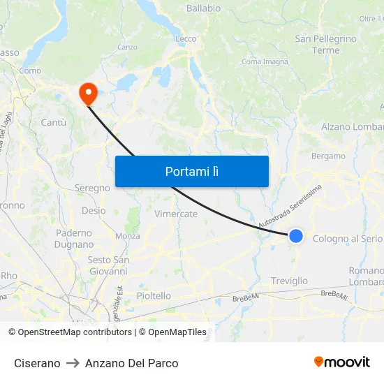 Ciserano to Anzano Del Parco map