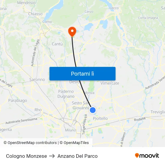 Cologno Monzese to Anzano Del Parco map