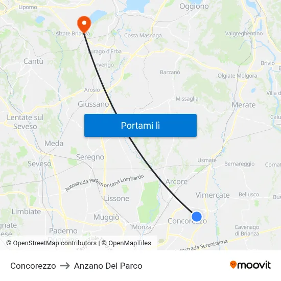 Concorezzo to Anzano Del Parco map