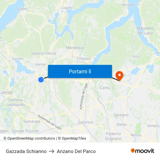 Gazzada Schianno to Anzano Del Parco map