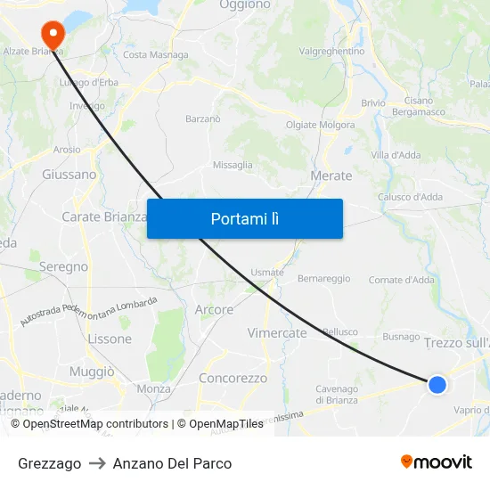 Grezzago to Anzano Del Parco map