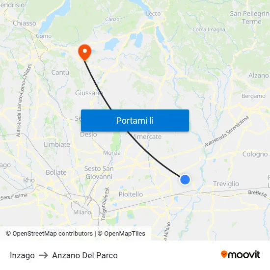 Inzago to Anzano Del Parco map