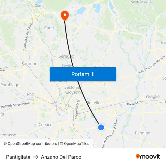 Pantigliate to Anzano Del Parco map