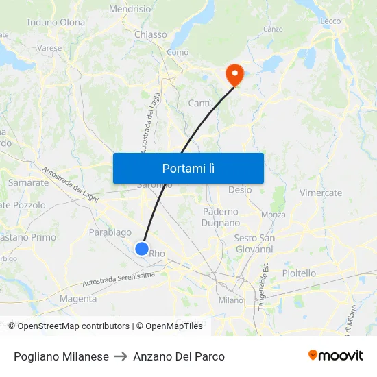 Pogliano Milanese to Anzano Del Parco map