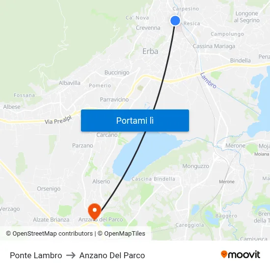 Ponte Lambro to Anzano Del Parco map